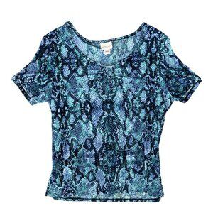 Jaclyn Smith Blue Snakeskin Slinky Short Sleeve Shirt Keyhold Women Large